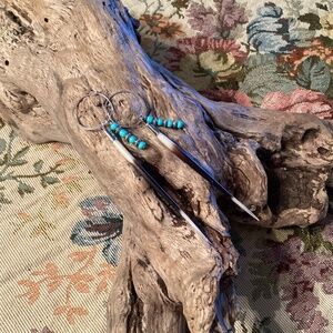 African Porcupine Quill Turquoise Bead Sterling Silver Hoop Earrings